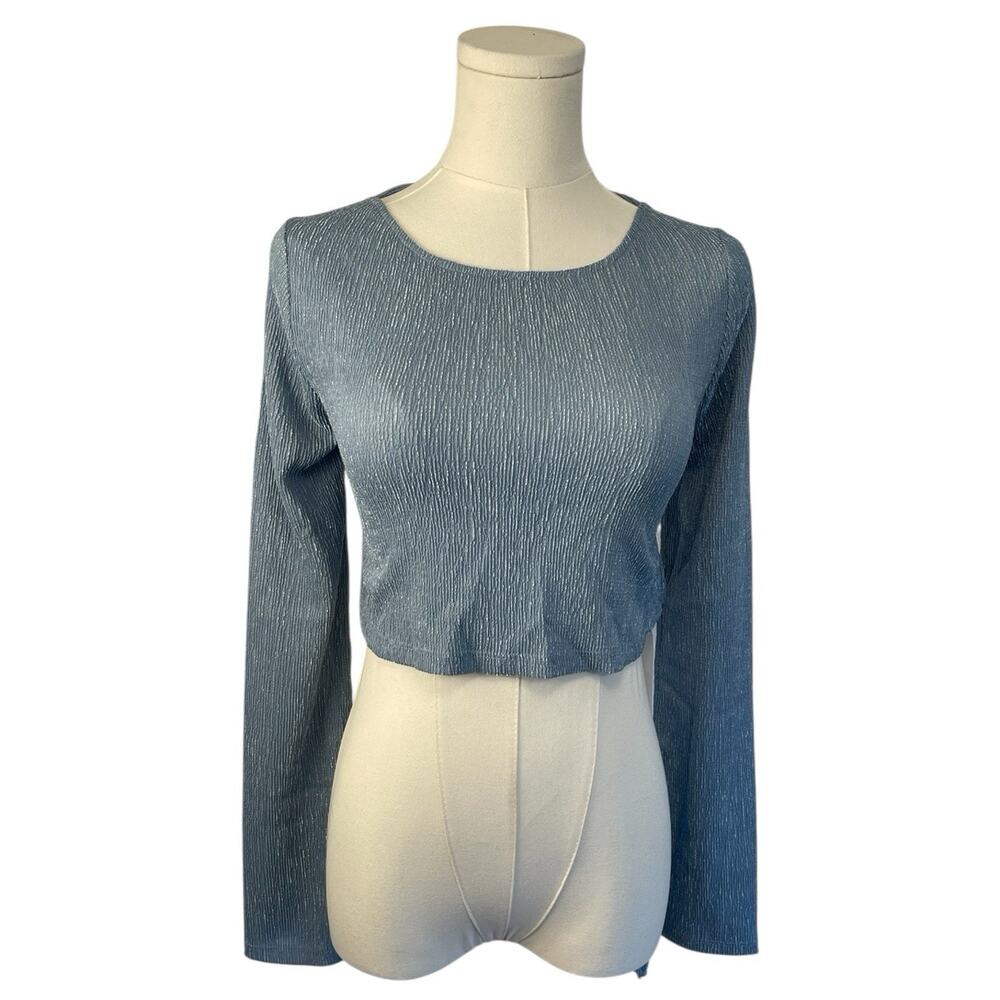 NWT Revolve x Rumer Tucker Blue Long Sleeve Cropped Top Womens Size Extra Small